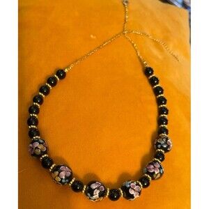 Vintage Art Glass Murano Style floral bead glass Black & Gold Necklace